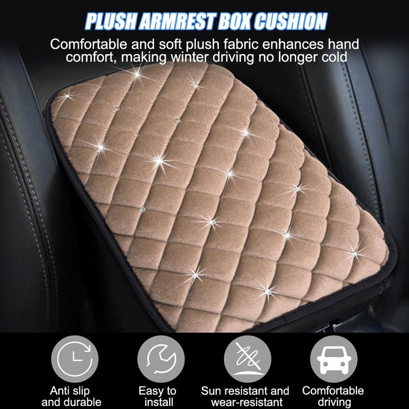 Mandark Bling Car Center Console Cover, Crystal Rhinestone Fluffy Automotive Armrest Seat Box Cushion Pad, Soft Comfortable Diamond Arm Rest Protection Mat, Universal Vehicle Accessories (Beige) - Image 5